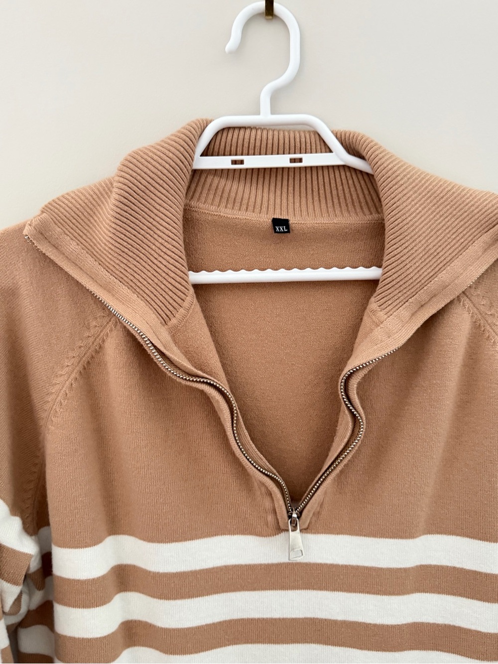 Striped Half-Zip Sweater Dress in Camel and White - Picture 3 of 4